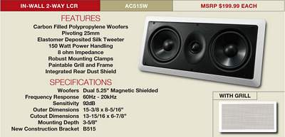 AudioSource AC515W 6.5 Inch 100-Watt 2-Way Dual Tweeter In-Ceiling Speaker - White 