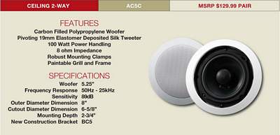 AudioSource AC5C 5.25 Inch 100-Watt 2-Way In-Ceiling Speaker - White 
