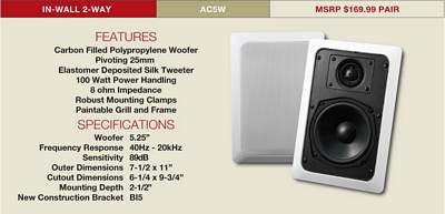 AudioSource AC5W 5.25 Inch 100-Watt 2-Way In-Wall Speaker - White