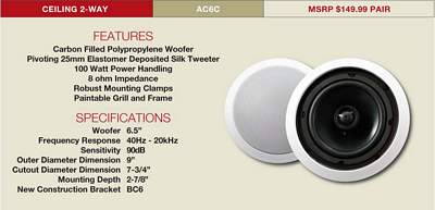 AudioSource AC6C 6.5 Inch 100-Watt 2-Way In-Ceiling Speaker - White