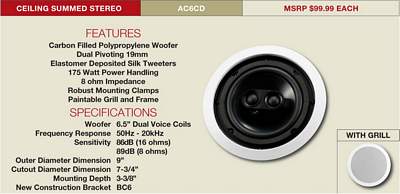 AudioSource AC6CD 6.5 Inch 100-Watt 2-Way Dual Tweeter In-Ceiling Speaker - White Each