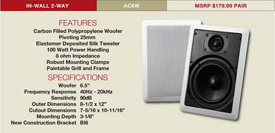 AudioSource AC6W 6.5 Inch 100-Watt 2-Way In-Wall Speaker - White