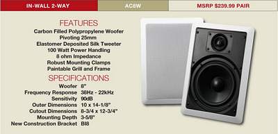 AudioSource AC8W 8 Inch 100-Watt 2-Way In-Wall Speaker - White 
